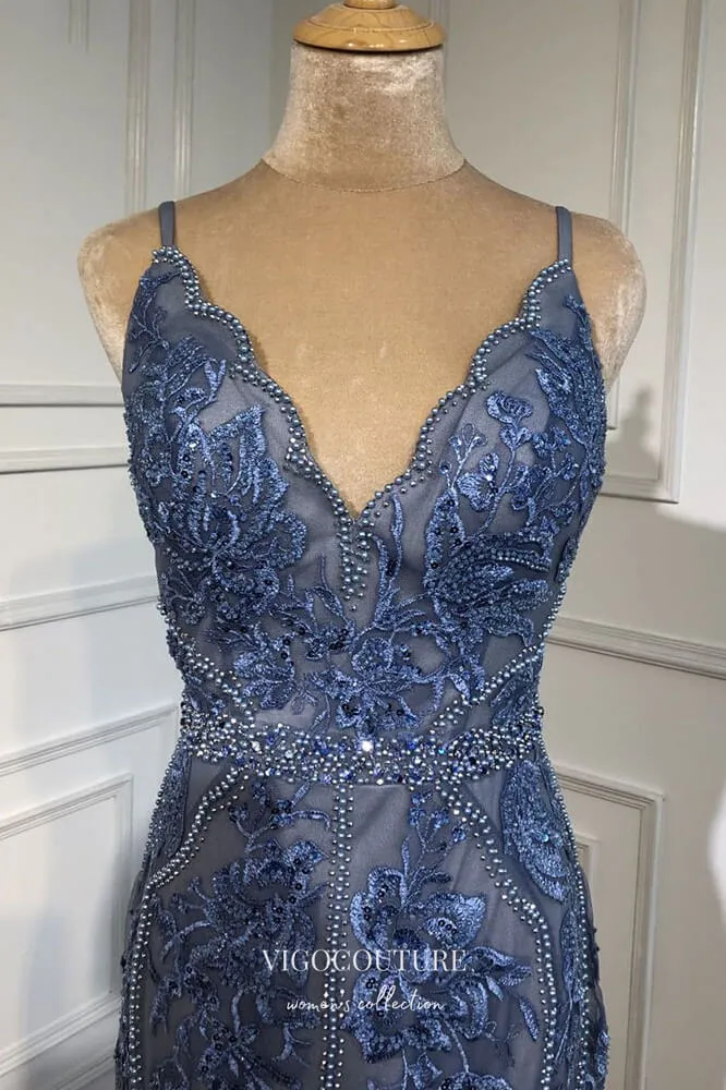 Blue Beaded Mermaid Formal Dresses Spaghetti Strap V-Neck Prom Dress 21614