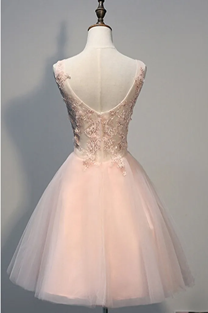 Blush Pink Lace Beaded Backless V-neck Homecoming Dresses PFP1328