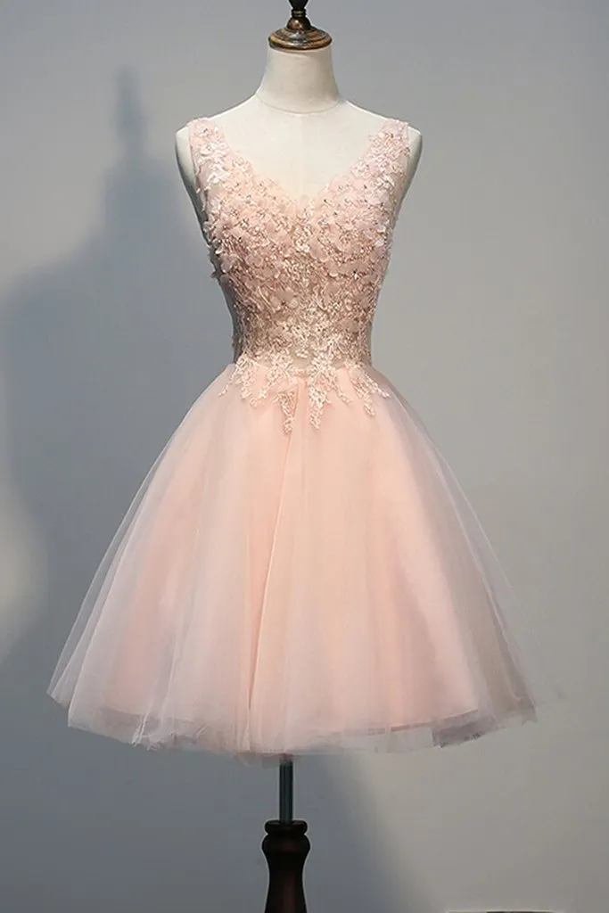 Blush Pink Lace Beaded Backless V-neck Homecoming Dresses PFP1328