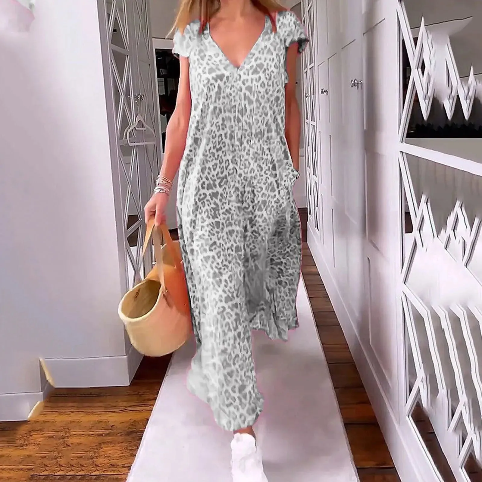 Boho Floral V Neck Short Sleeve Flowy Swing A Line Long Women's Boho Dress