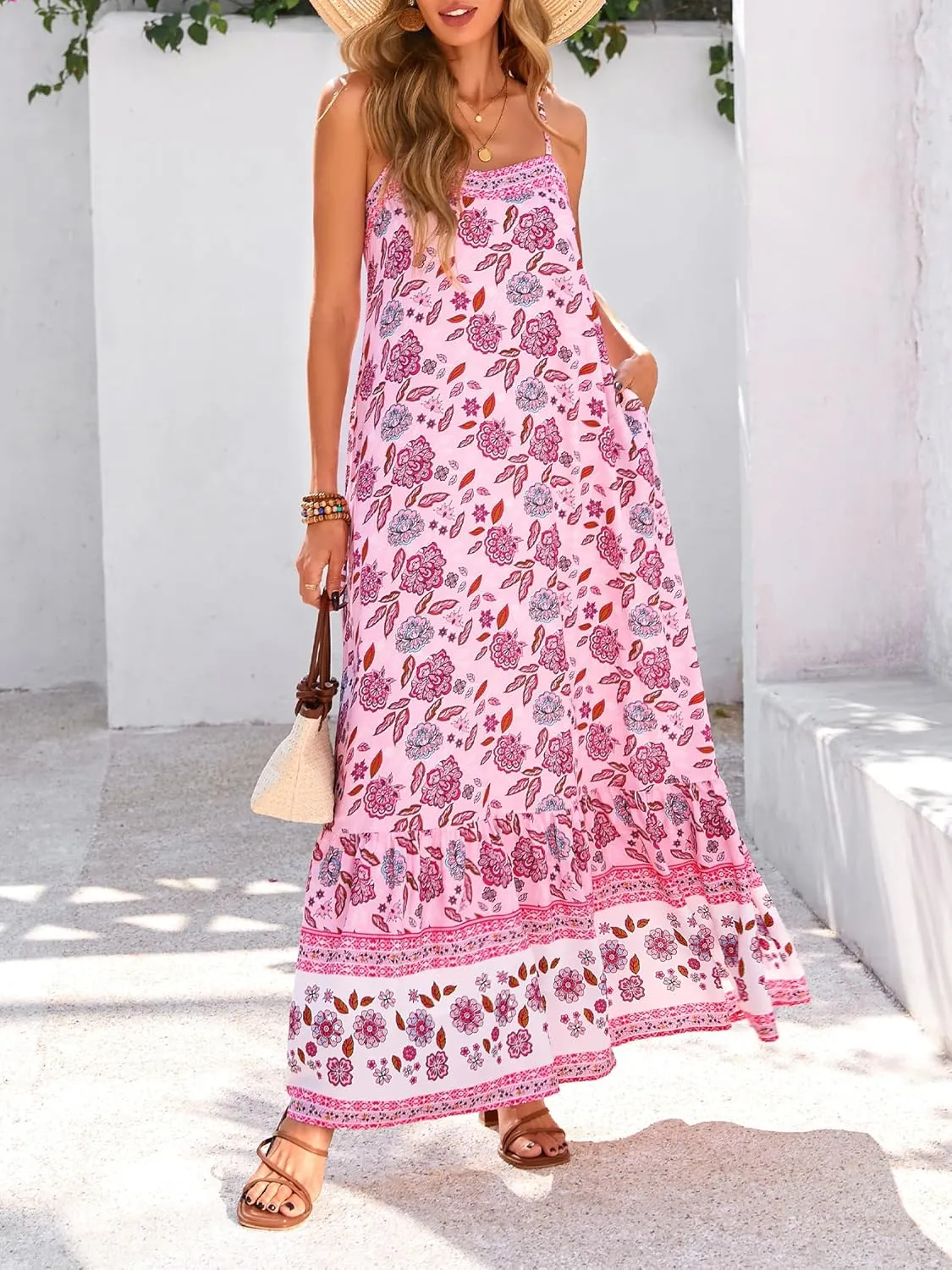BTFBM Casual Women Summer Maxi Dresses 2025 Loose Sleeveless Sundress Spaghetti Strap Boho Long Dress Vacation