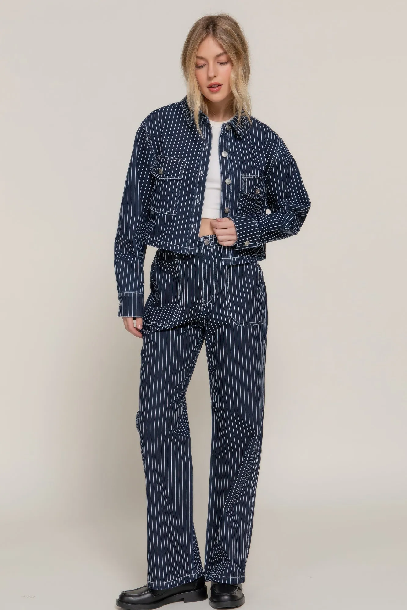 Button Down Stripe Denim Short Jacket
