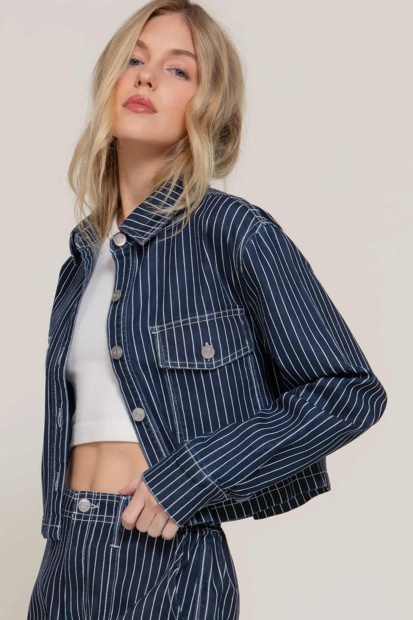 Button Down Stripe Denim Short Jacket
