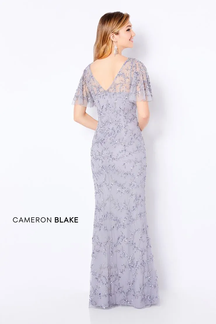 Cameron Blake 221681 Flutter Sleeve Beaded Tulle Evening Dress - Silver or Charcoal