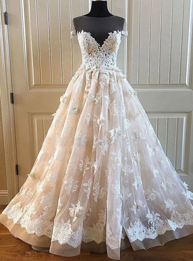 Charming Lace Long A Line Prom Dress, Long Wedding Dress With Cap Sleeves PFW0039
