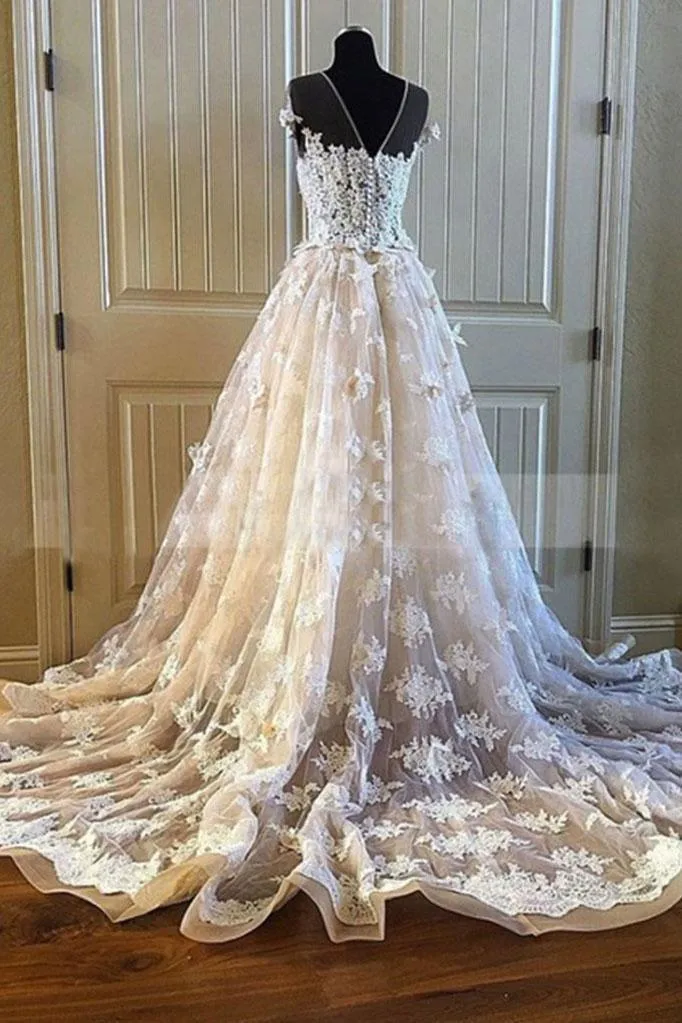 Charming Lace Long A Line Prom Dress, Long Wedding Dress With Cap Sleeves PFW0039