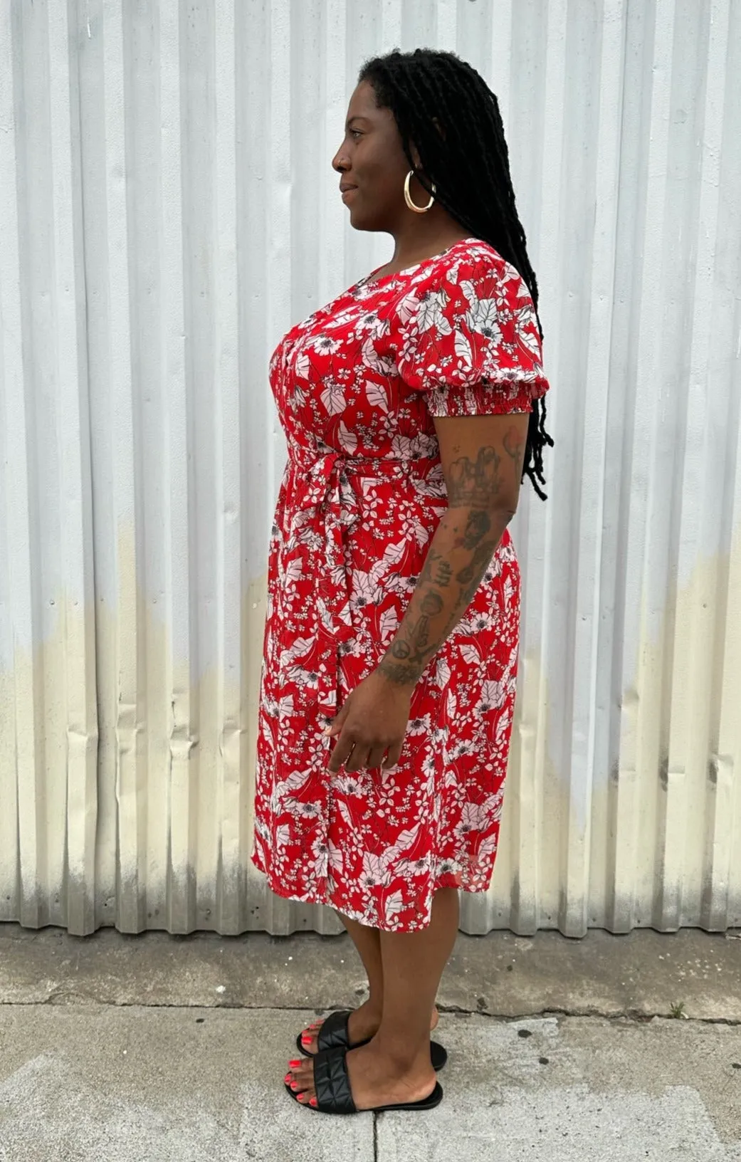 Chelsea28 Red, White, and Black Floral Wrap Midi Dress with Puff Shoulders, Size L