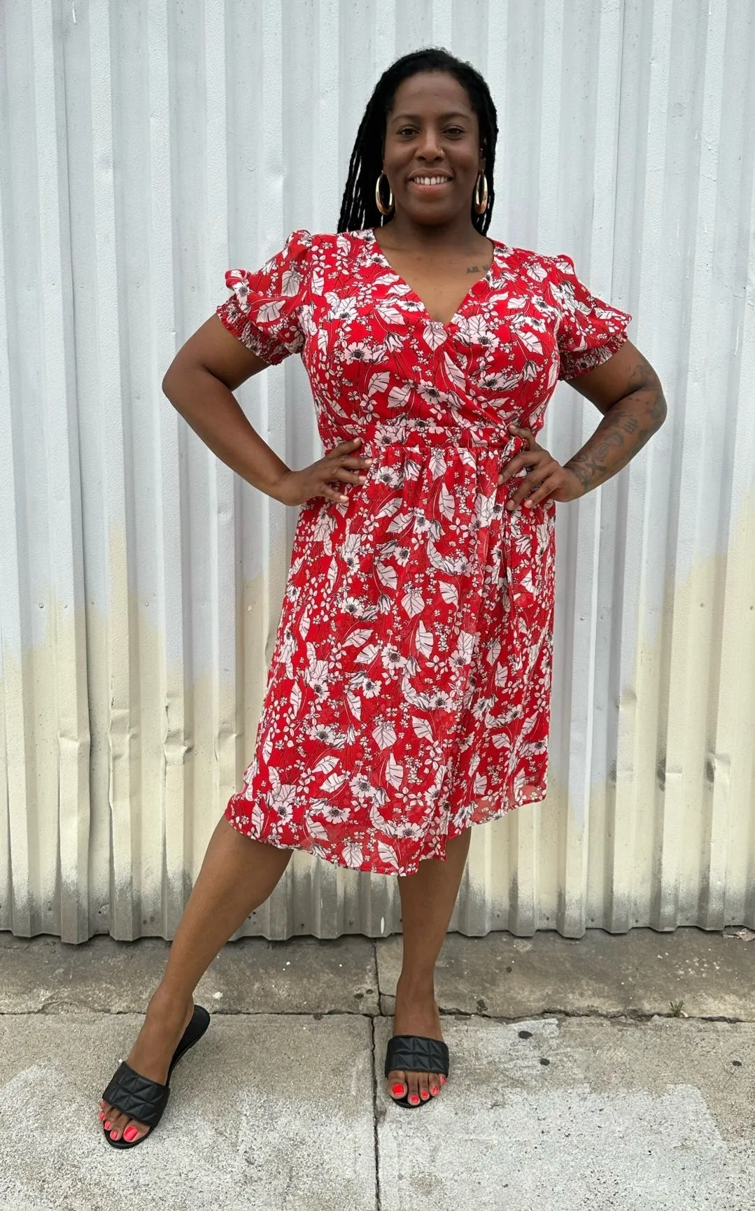 Chelsea28 Red, White, and Black Floral Wrap Midi Dress with Puff Shoulders, Size L
