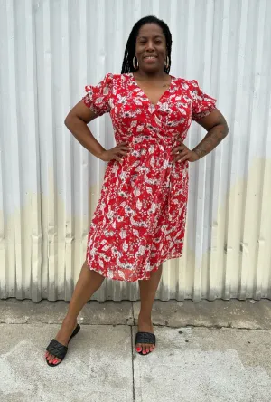 Chelsea28 Red, White, and Black Floral Wrap Midi Dress with Puff Shoulders, Size L