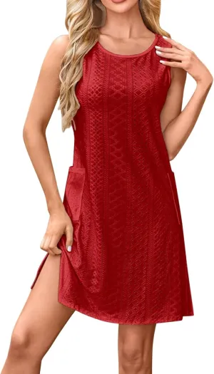 Coverup Summer Dresses for Women 2025 Eyelet Casual Loose Sleeveless Crew Neck Sundresses Tank Dresses with Pockets