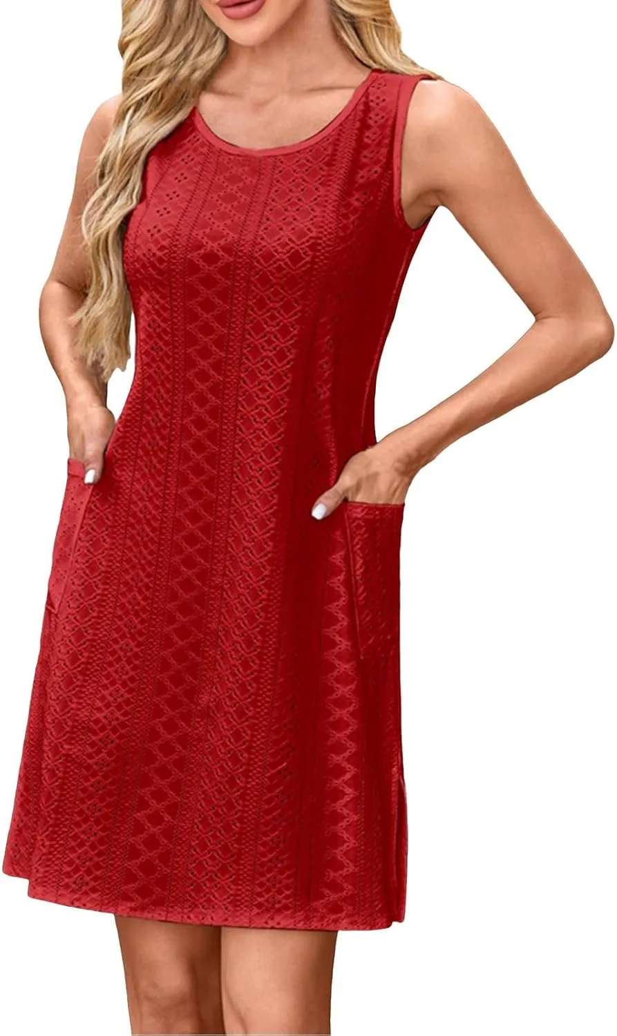Coverup Summer Dresses for Women 2025 Eyelet Casual Loose Sleeveless Crew Neck Sundresses Tank Dresses with Pockets