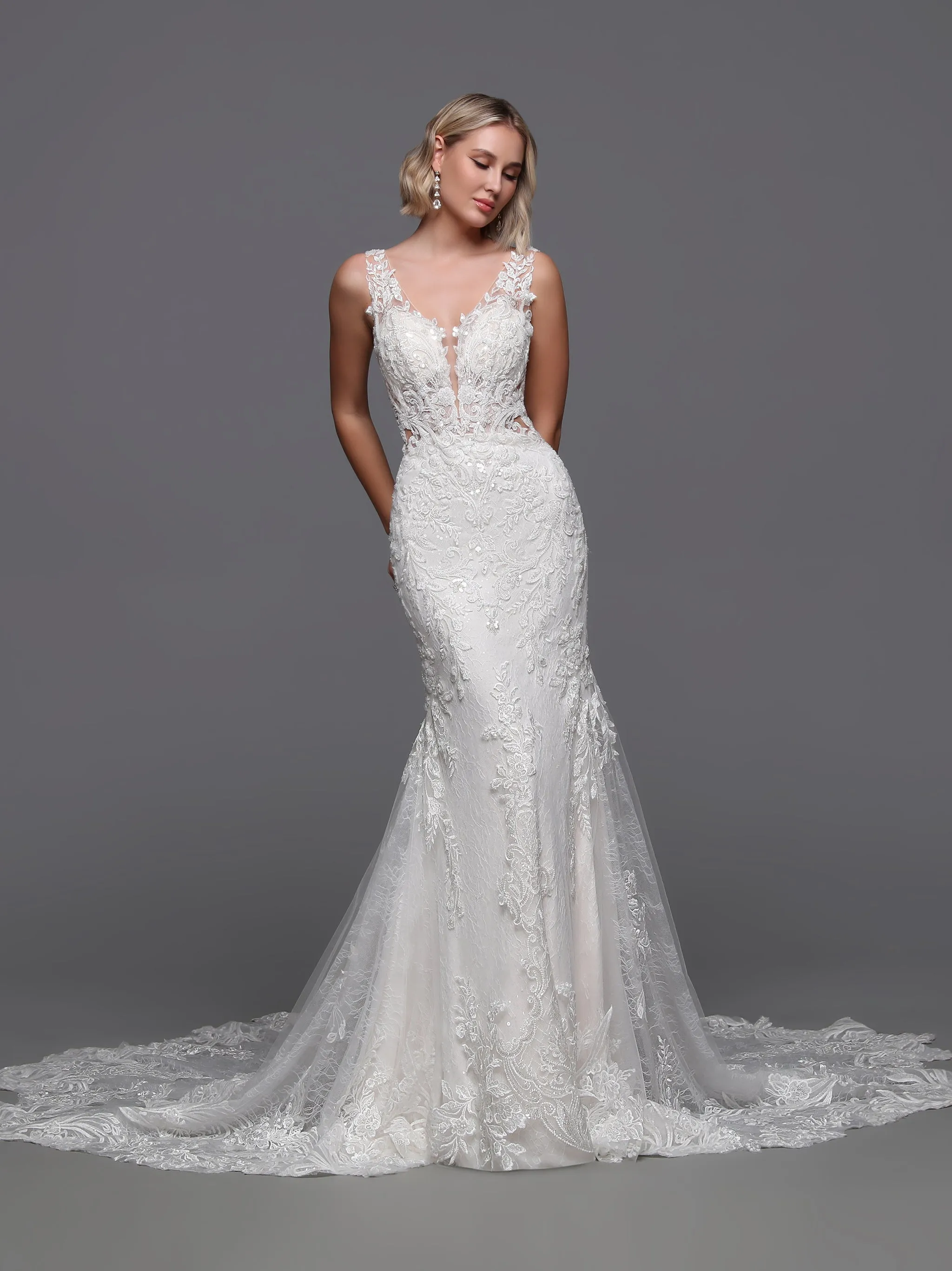 Davinci Bridal 50894 Size 8 Ivory/Nude Beaded Lace Mermaid Wedding Dress Long Sleeve Sheer Backless
