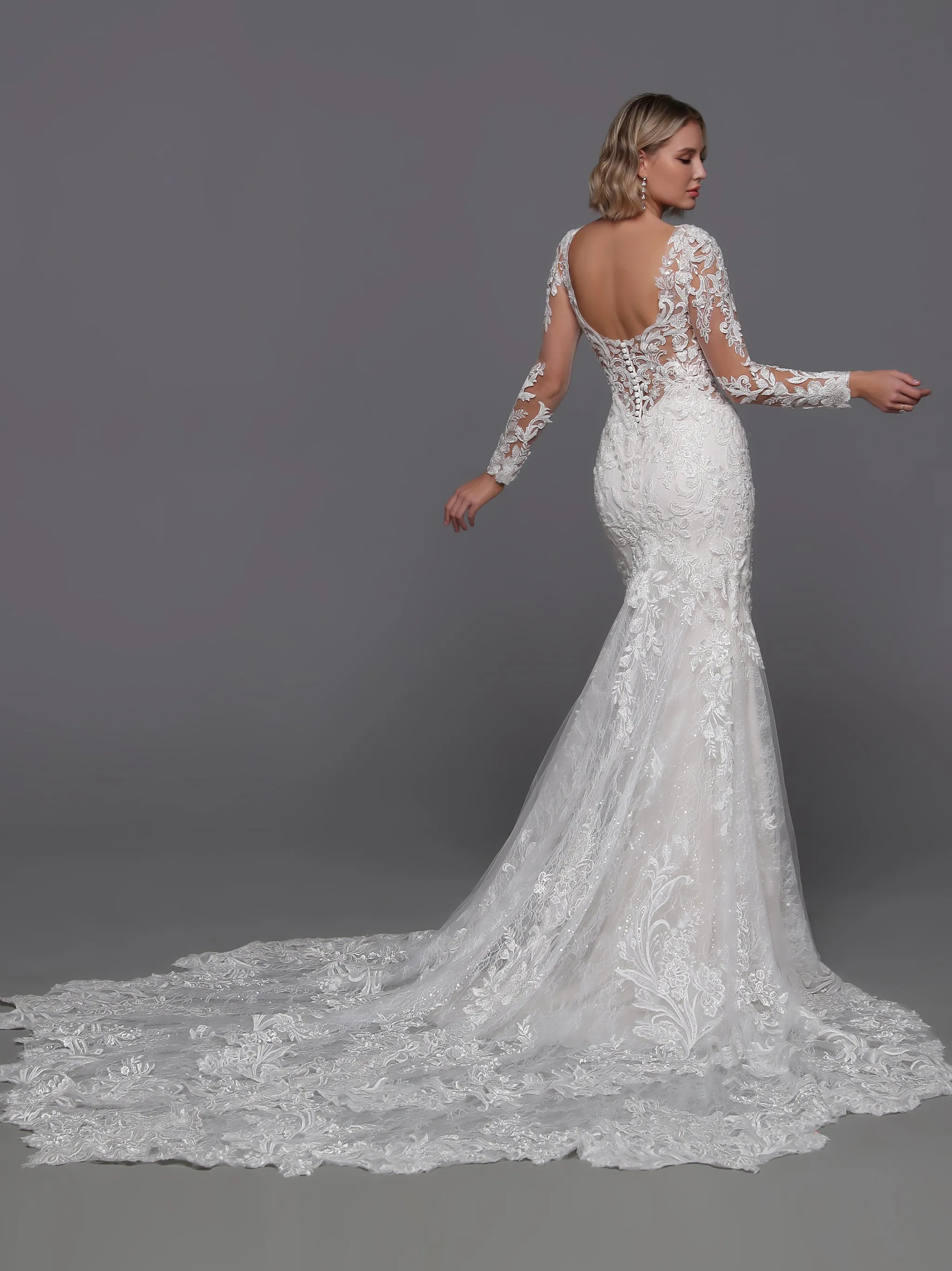 Davinci Bridal 50894 Size 8 Ivory/Nude Beaded Lace Mermaid Wedding Dress Long Sleeve Sheer Backless