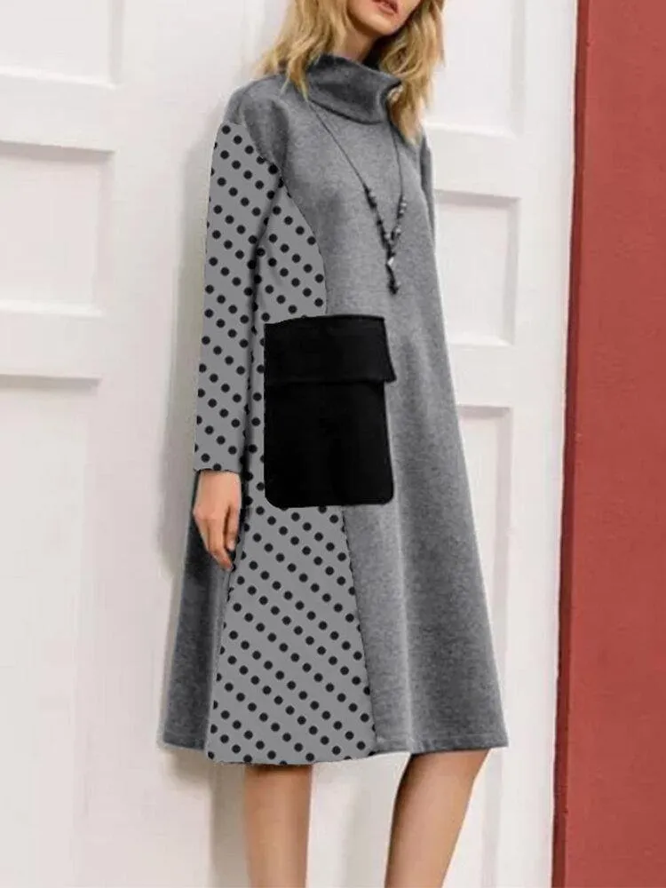 deanwangkt Women Patchwork Polka Dot Print Drop Shoulder Turtleneck Casual Dresses