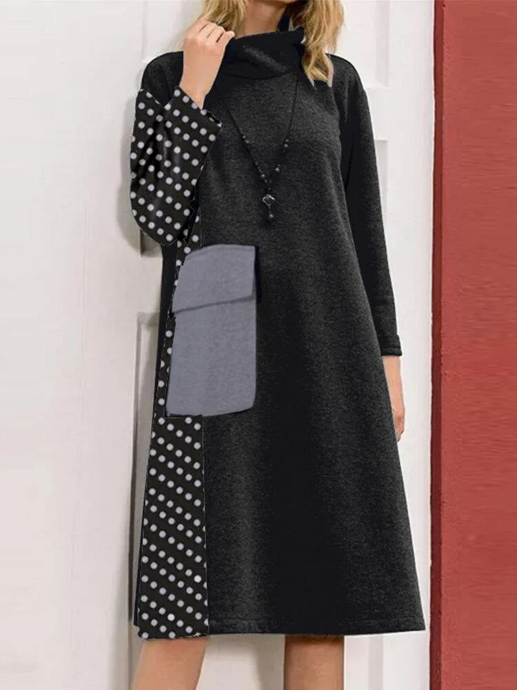deanwangkt Women Patchwork Polka Dot Print Drop Shoulder Turtleneck Casual Dresses