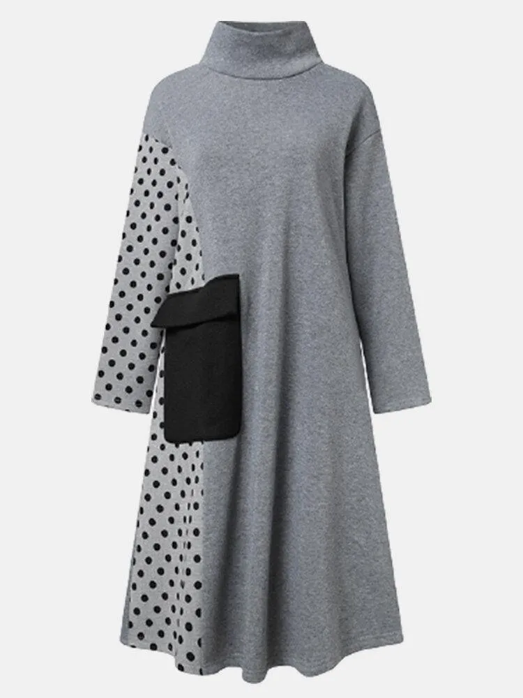 deanwangkt Women Patchwork Polka Dot Print Drop Shoulder Turtleneck Casual Dresses