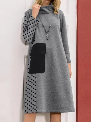 deanwangkt Women Patchwork Polka Dot Print Drop Shoulder Turtleneck Casual Dresses