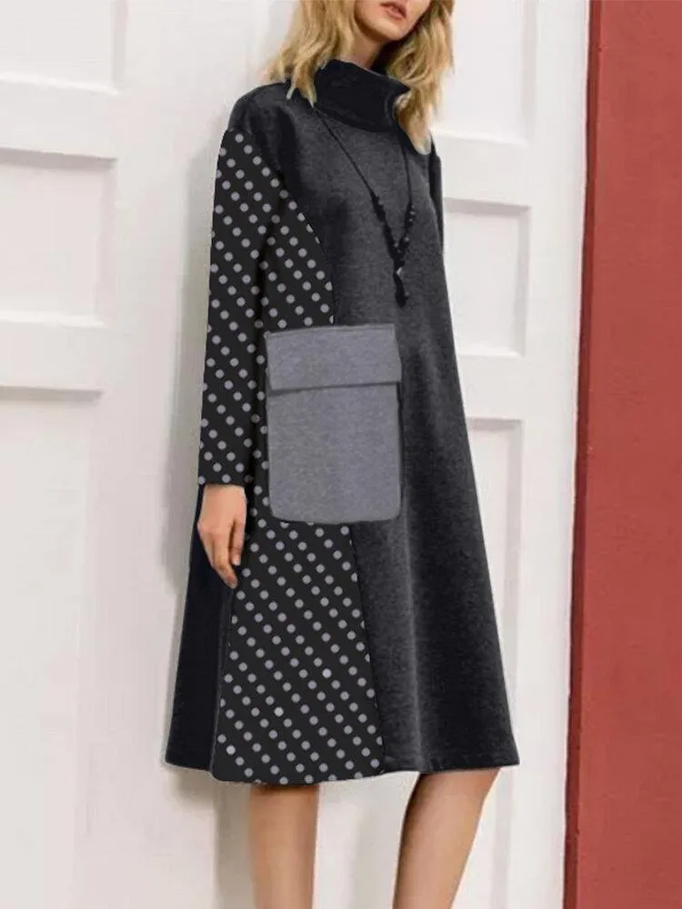 deanwangkt Women Patchwork Polka Dot Print Drop Shoulder Turtleneck Casual Dresses