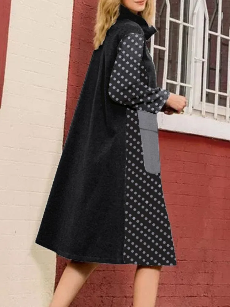 deanwangkt Women Patchwork Polka Dot Print Drop Shoulder Turtleneck Casual Dresses