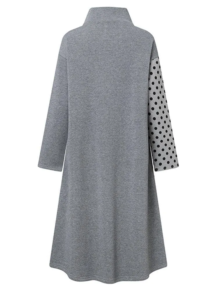 deanwangkt Women Patchwork Polka Dot Print Drop Shoulder Turtleneck Casual Dresses