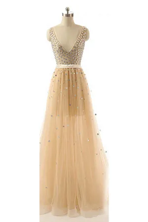 Deep V-neck Beaded Modest Long Prom Evening Dresses PFP1284