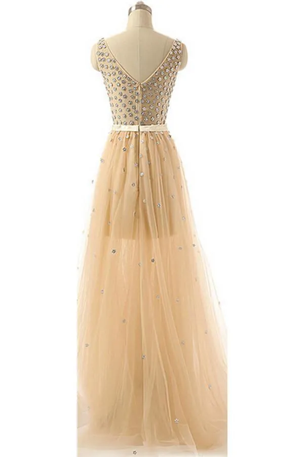 Deep V-neck Beaded Modest Long Prom Evening Dresses PFP1284