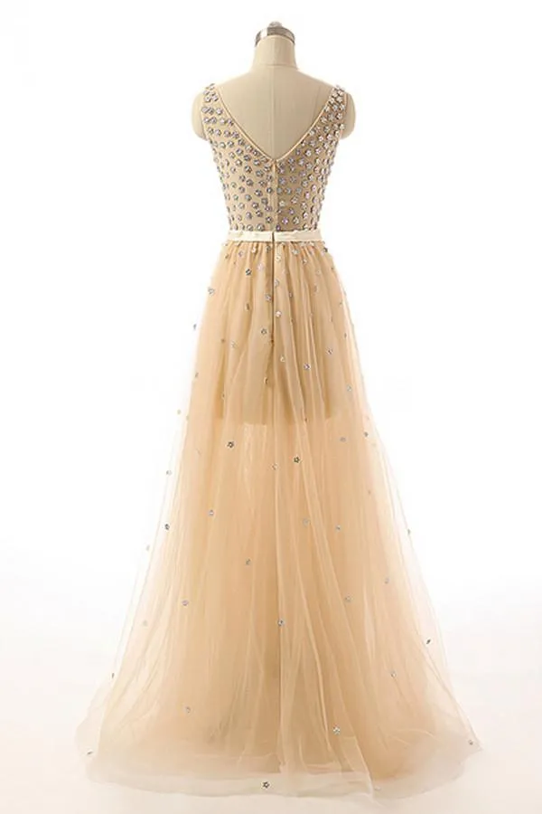 Deep V-neck Beaded Modest Long Prom Evening Dresses PFP1284