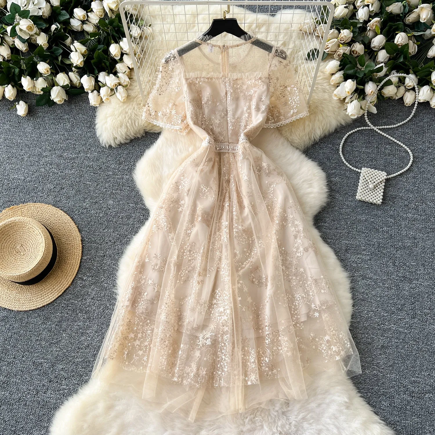 Delicate Beaded Embroidered Mesh Dress