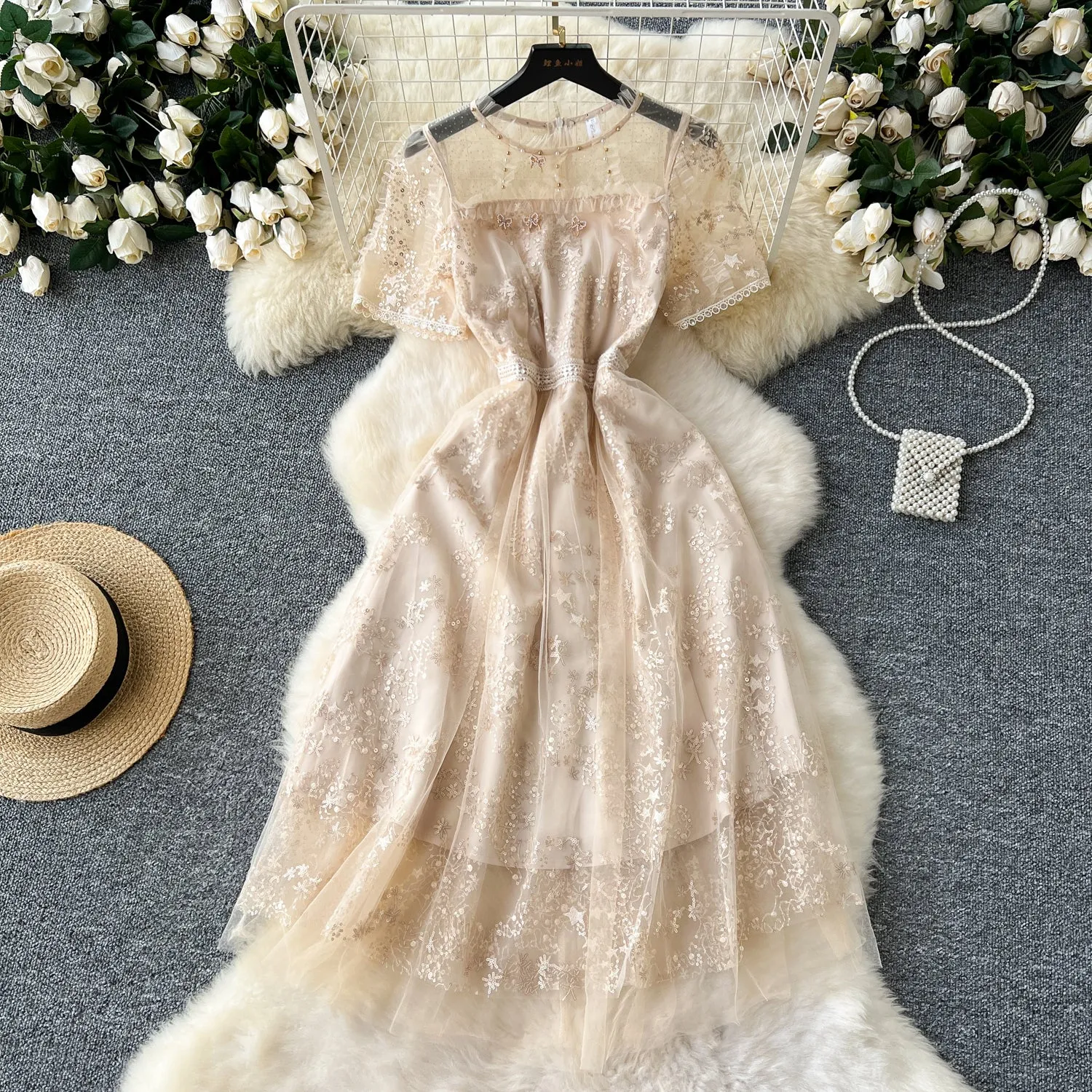 Delicate Beaded Embroidered Mesh Dress