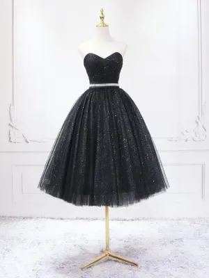 Delicate Black Strapless Tulle Short Prom Dress