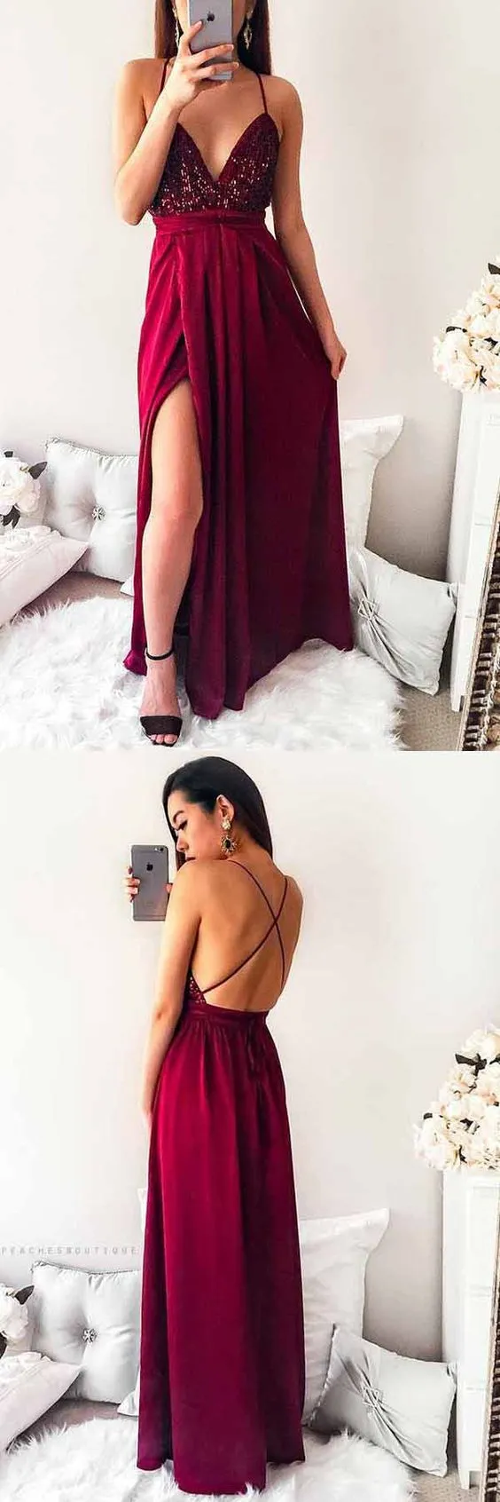 Delicate Burgundy Senior Prom Dress with Slit