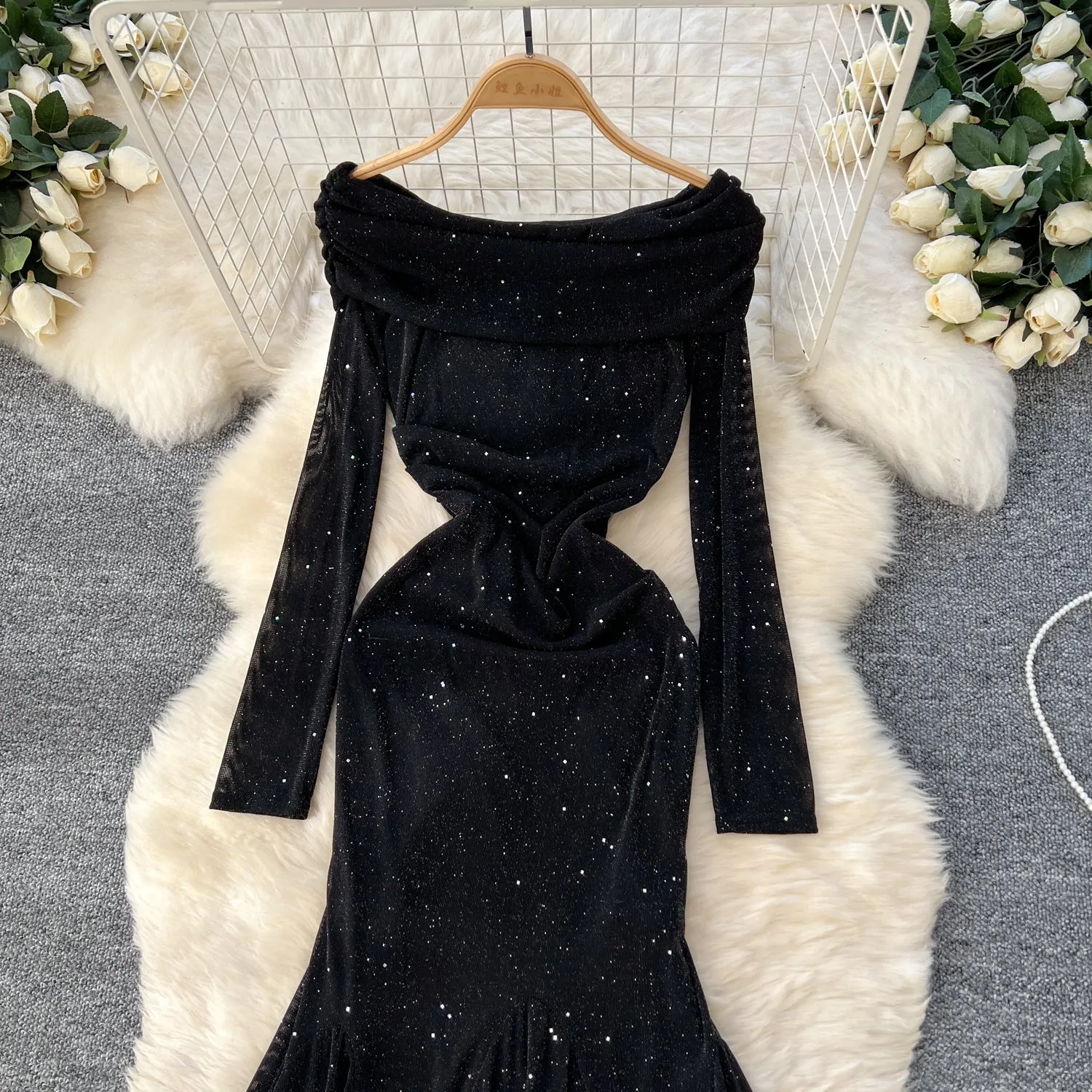 Delicate Sequined Black Fishtail Dress