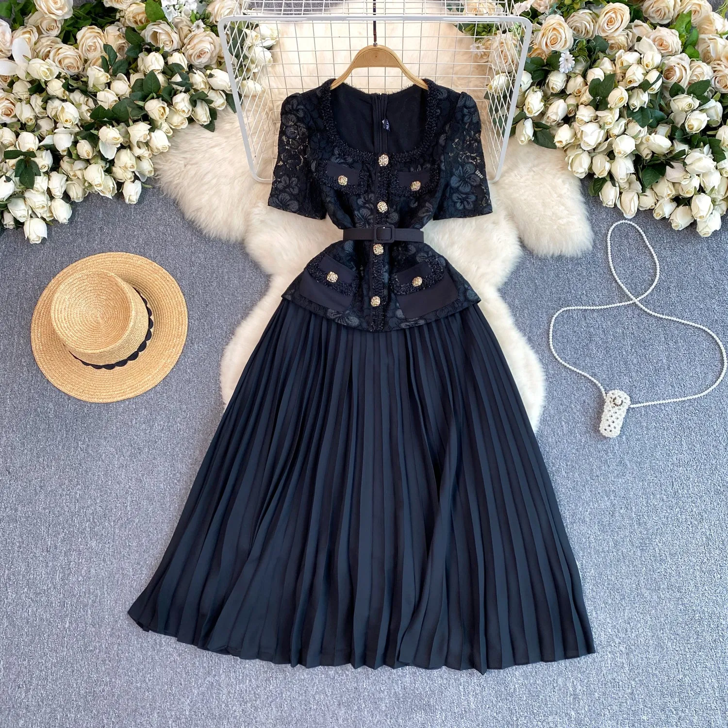 Delicate Square Neckline Lace Patchwork Dress
