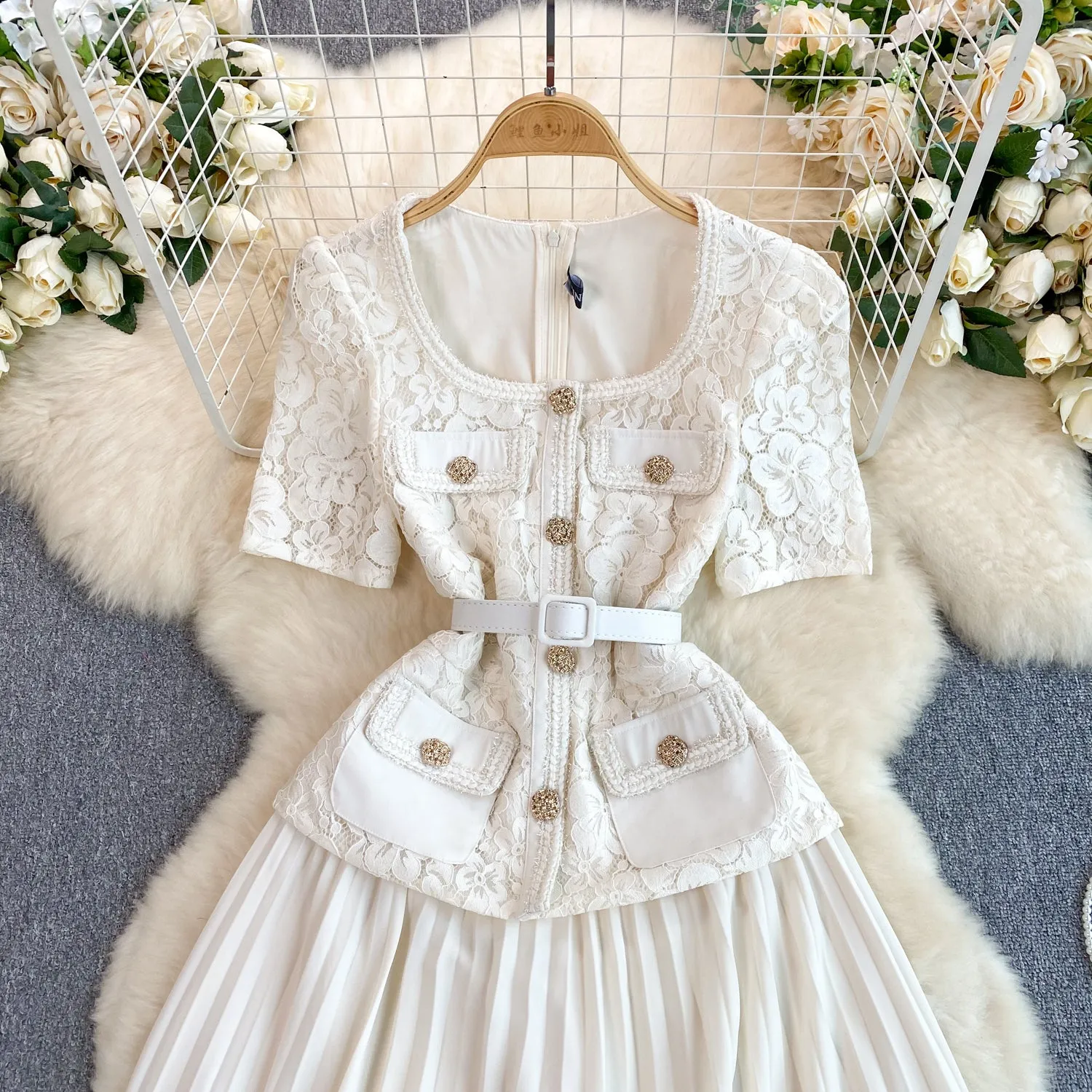 Delicate Square Neckline Lace Patchwork Dress