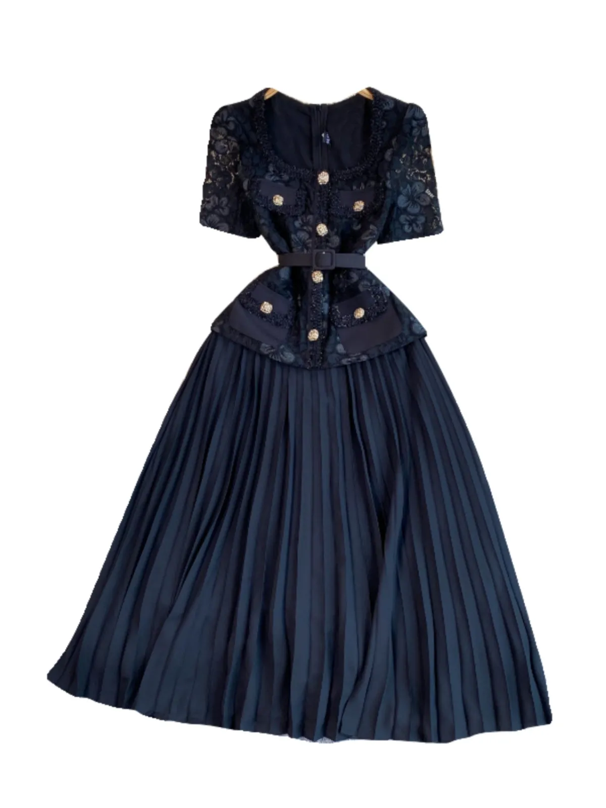 Delicate Square Neckline Lace Patchwork Dress