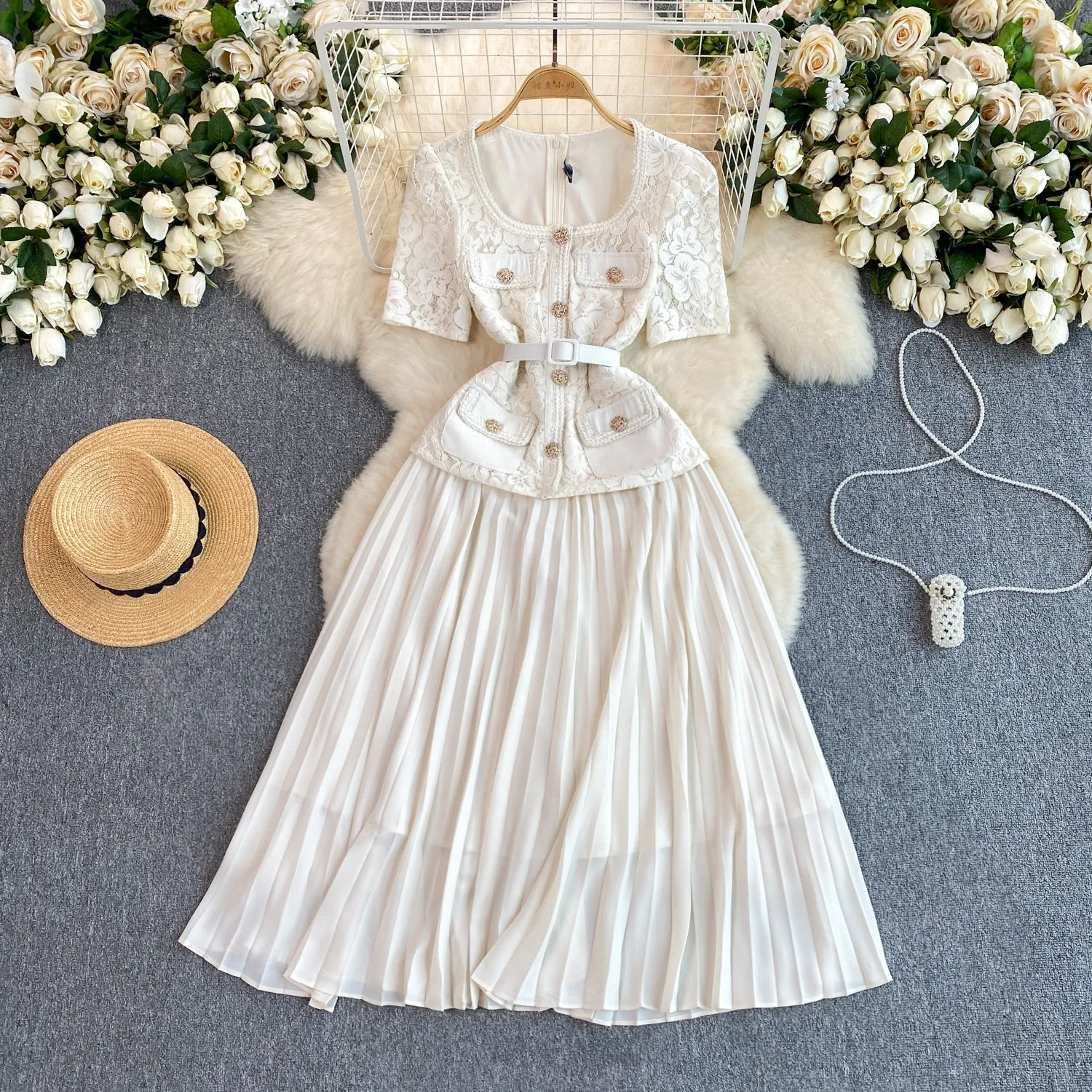Delicate Square Neckline Lace Patchwork Dress