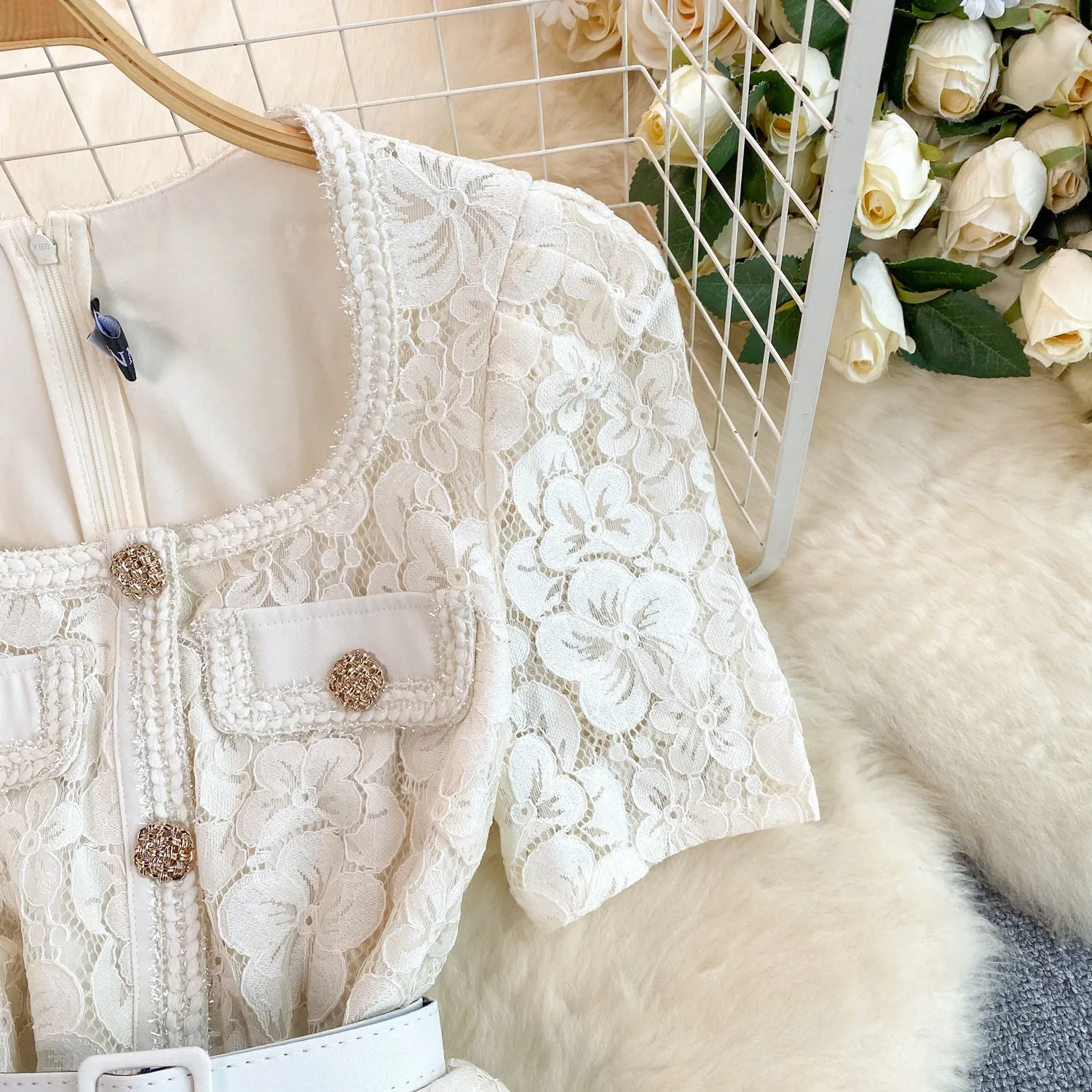 Delicate Square Neckline Lace Patchwork Dress