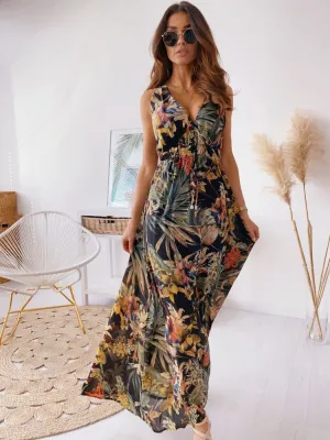 Dresses Summer New Fashion Temperament Long Skirt Beach Style Backless V-neck Printed Bandage Waist Closed Casual Women's Dress