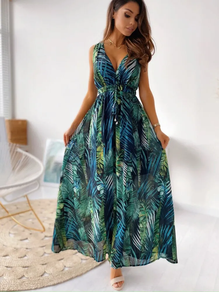 Dresses Summer New Fashion Temperament Long Skirt Beach Style Backless V-neck Printed Bandage Waist Closed Casual Women's Dress