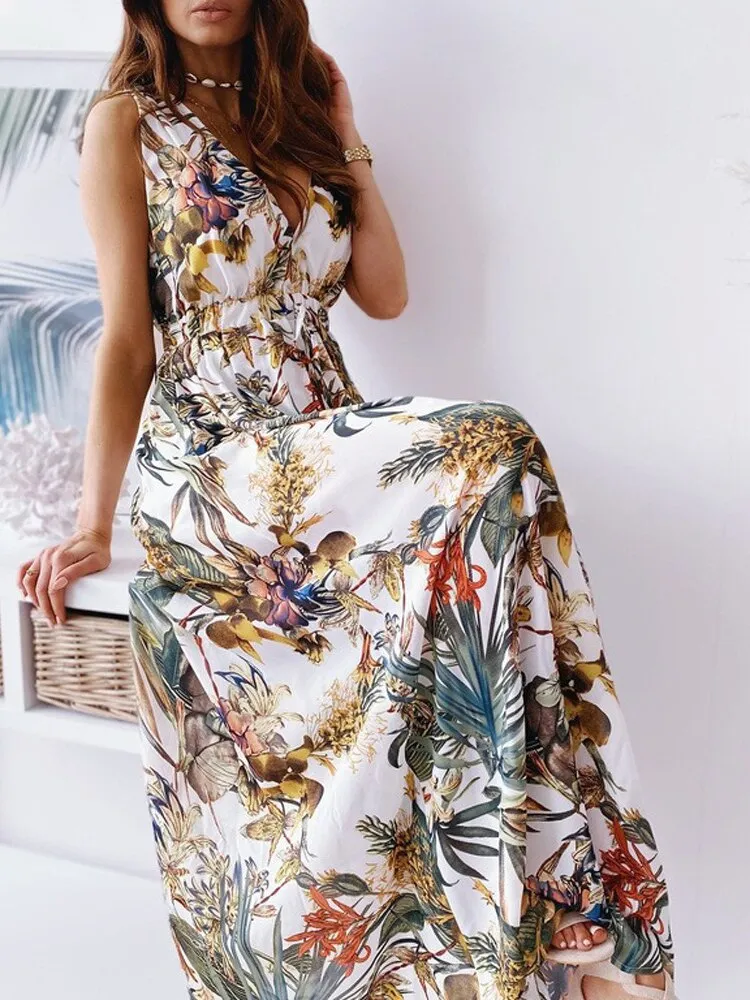 Dresses Summer New Fashion Temperament Long Skirt Beach Style Backless V-neck Printed Bandage Waist Closed Casual Women's Dress