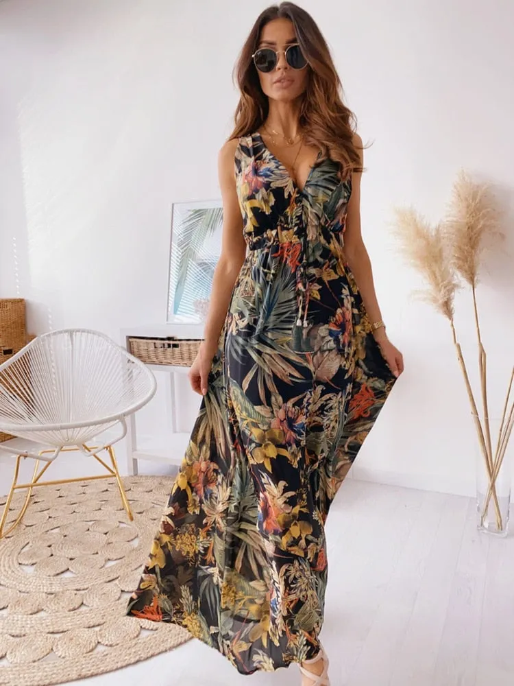 Dresses Summer New Fashion Temperament Long Skirt Beach Style Backless V-neck Printed Bandage Waist Closed Casual Women's Dress