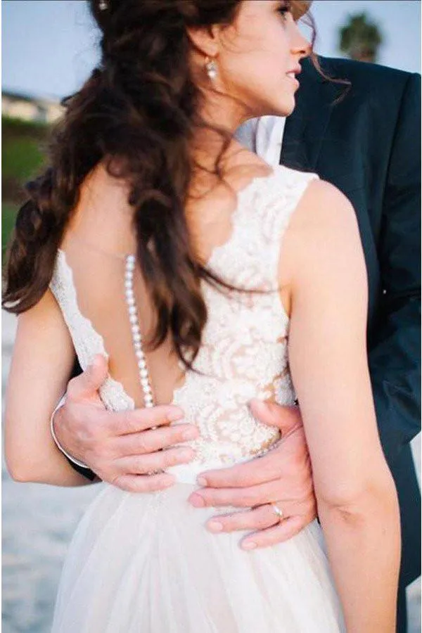 Elegant Beach Coast Wedding Dresses,Lace A Line Tulle Bridal Dresses For Beach Wedding PFW0259