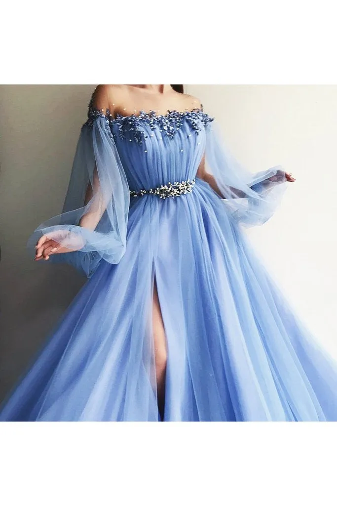 Elegant Blue Long Sleeves Off the Shoulder Beaded Crystal Side Slit Prom Dresses PFP0189