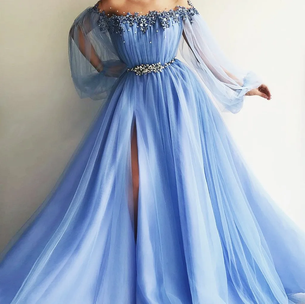 Elegant Blue Long Sleeves Off the Shoulder Beaded Crystal Side Slit Prom Dresses PFP0189