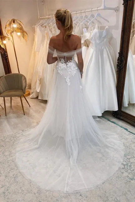 Elegant Boho Long White A-line Lace Sleeveless Tulle Wedding Dresses
