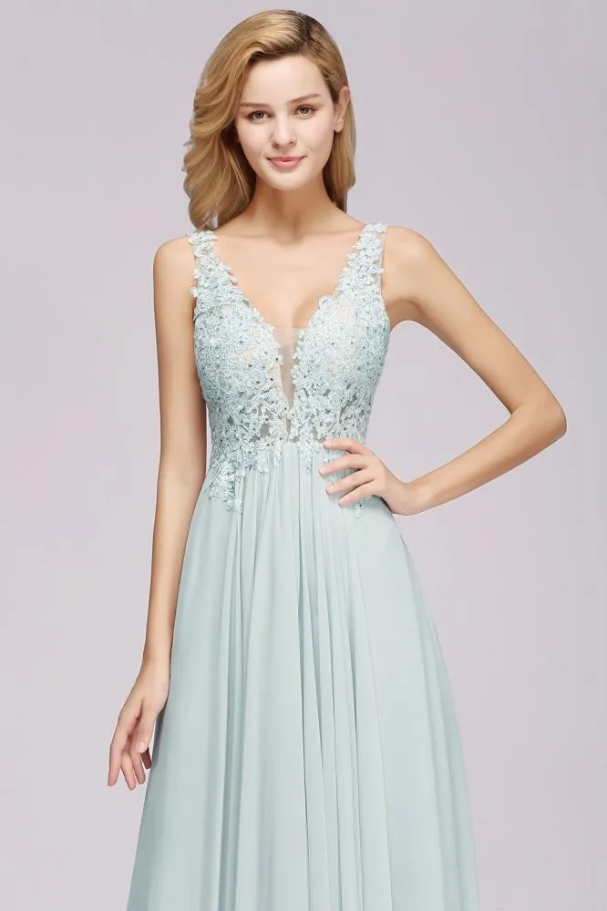 Elegant Chiffon Lace V-Neck Sleeveless Floor-Length A-Line Bridesmaid Dress with Beadings