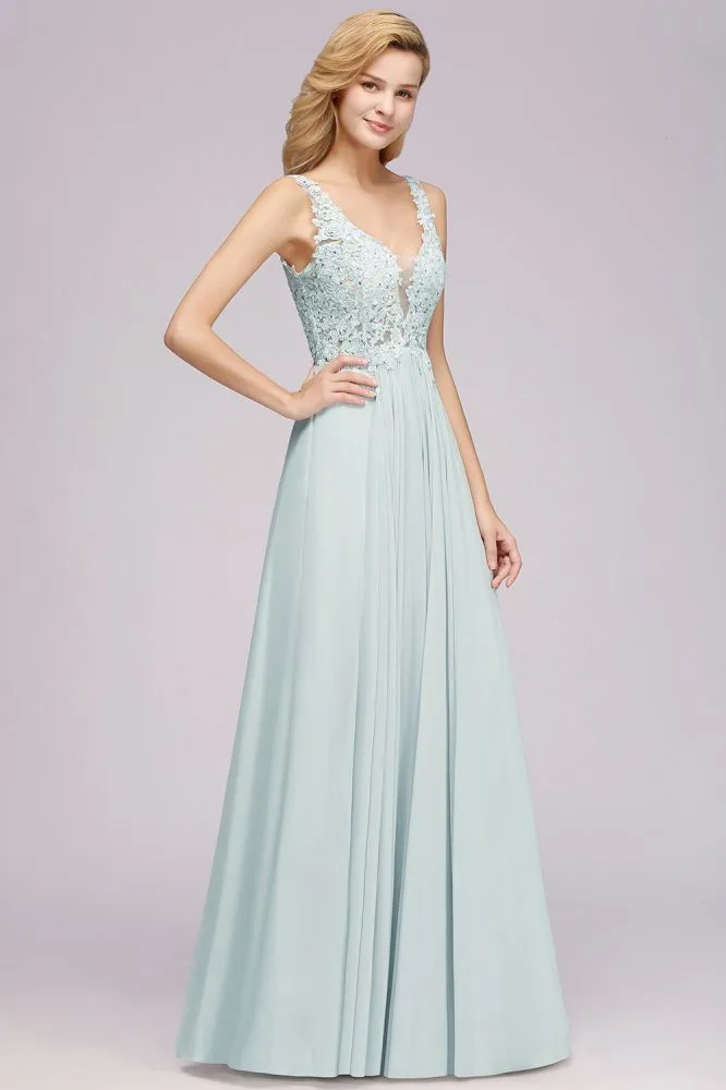 Elegant Chiffon Lace V-Neck Sleeveless Floor-Length A-Line Bridesmaid Dress with Beadings