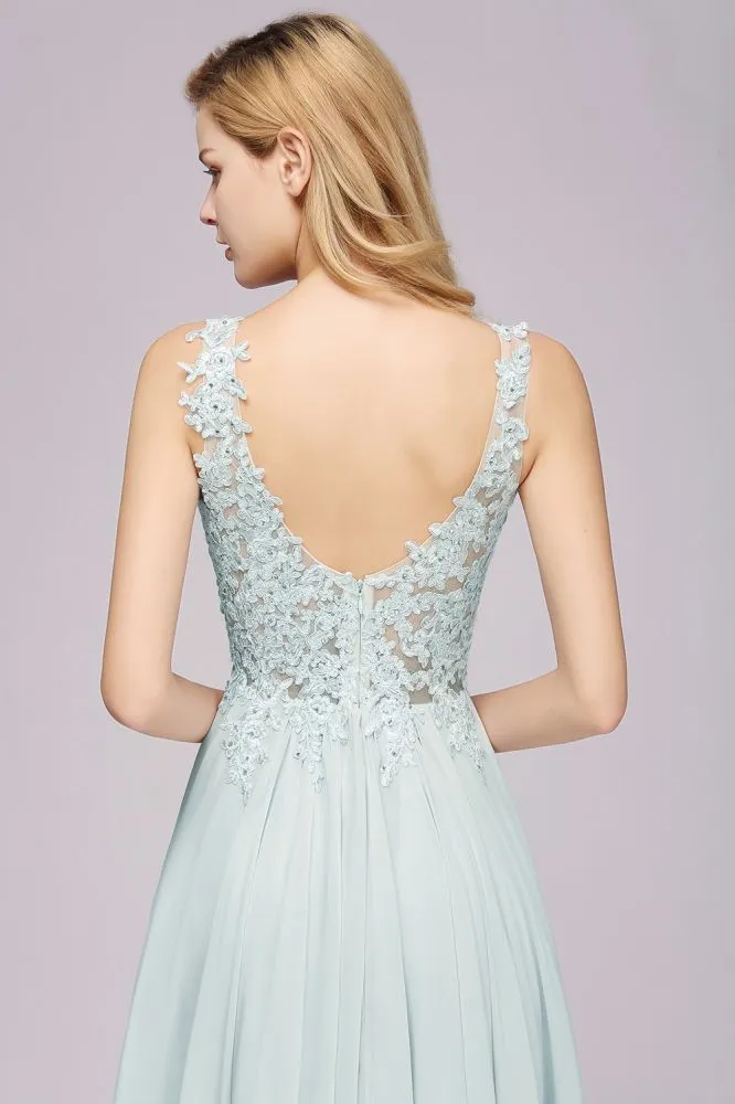 Elegant Chiffon Lace V-Neck Sleeveless Floor-Length A-Line Bridesmaid Dress with Beadings
