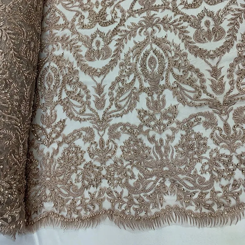 Elegant Embroidered French Lace Beaded Mesh Lace Fabric