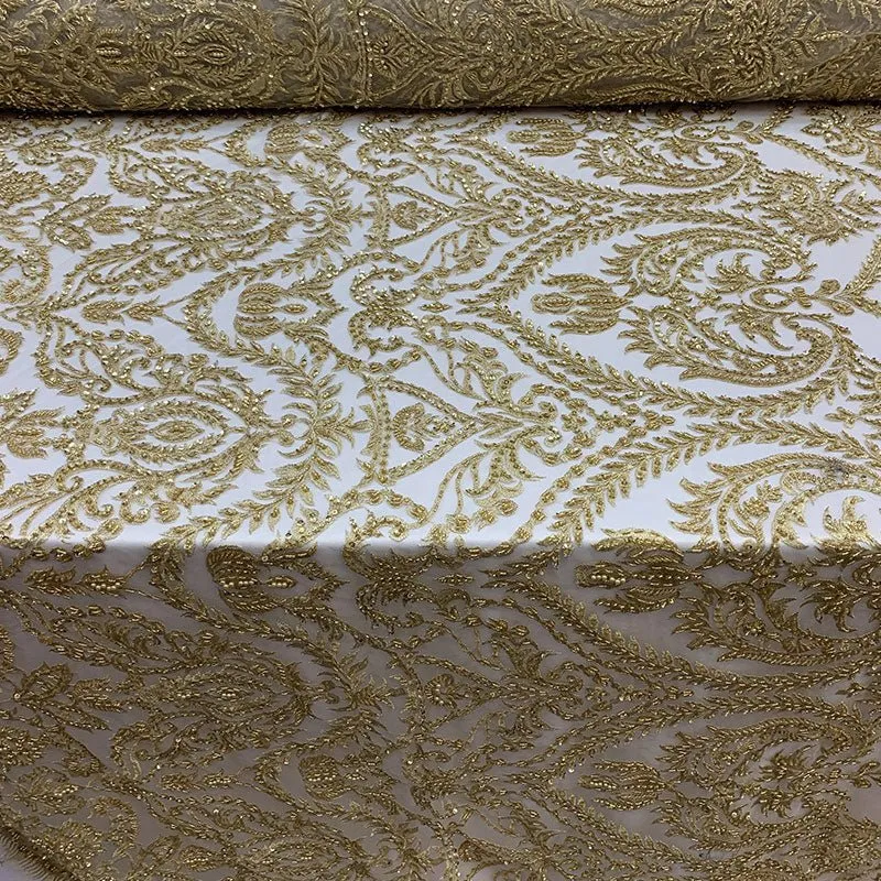 Elegant Embroidered French Lace Beaded Mesh Lace Fabric